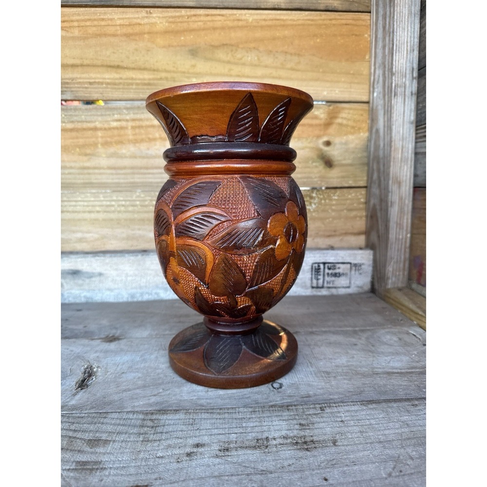 Vintage Hand Carved Wood Bud Vase Folk Art Decor Flower Donkey Palm Design